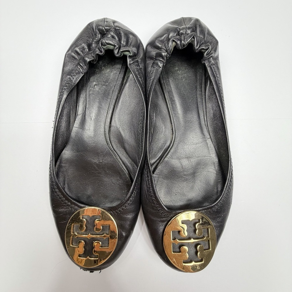 Tory Burch Reva Ballet Flats Womens 7.5 Black Leather Gold Logo Slip On Shoes - Picture 3 of 9
